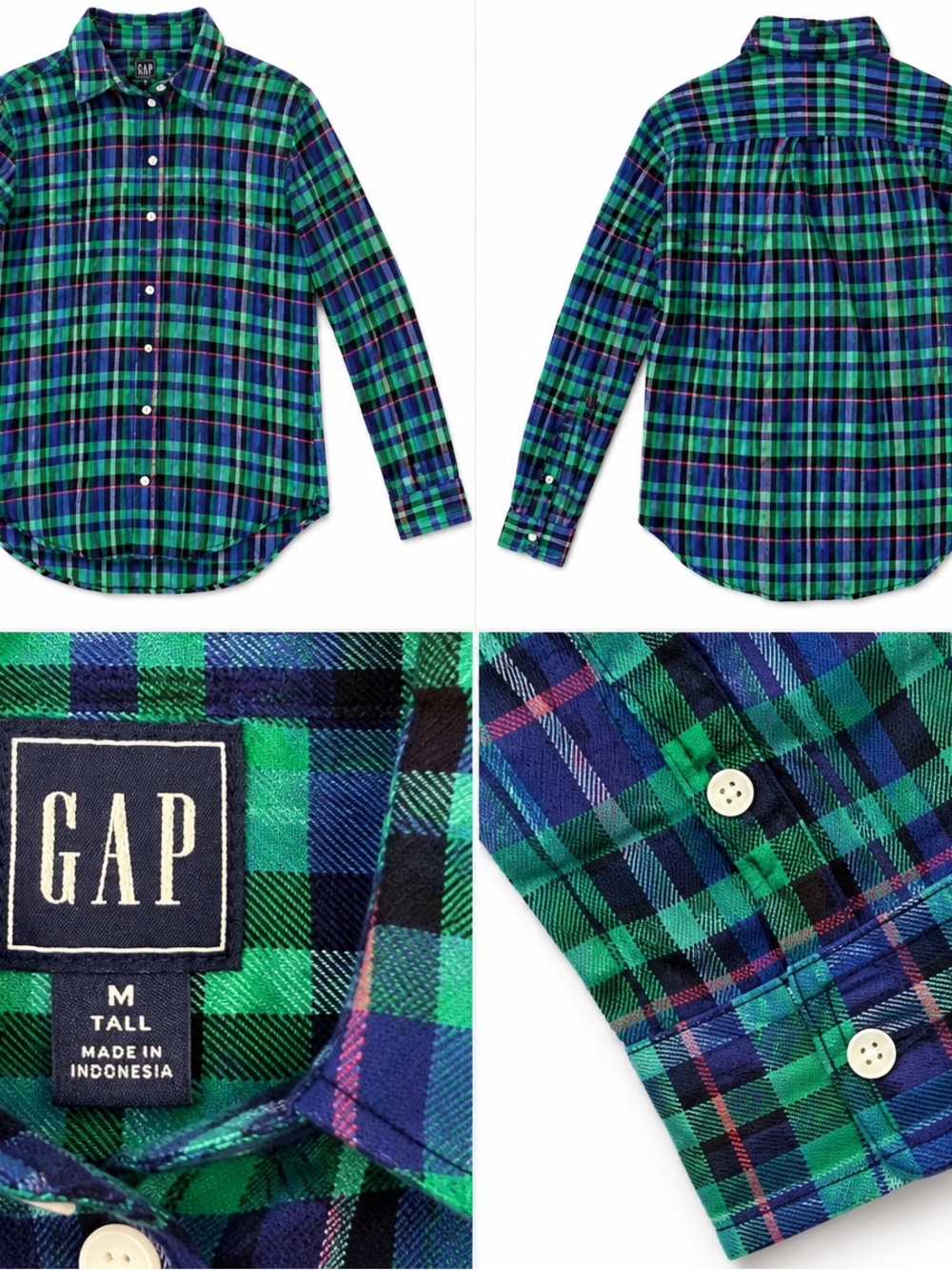GAP Green, Navy & Black Plaid Button-Down Flannel Shirt
